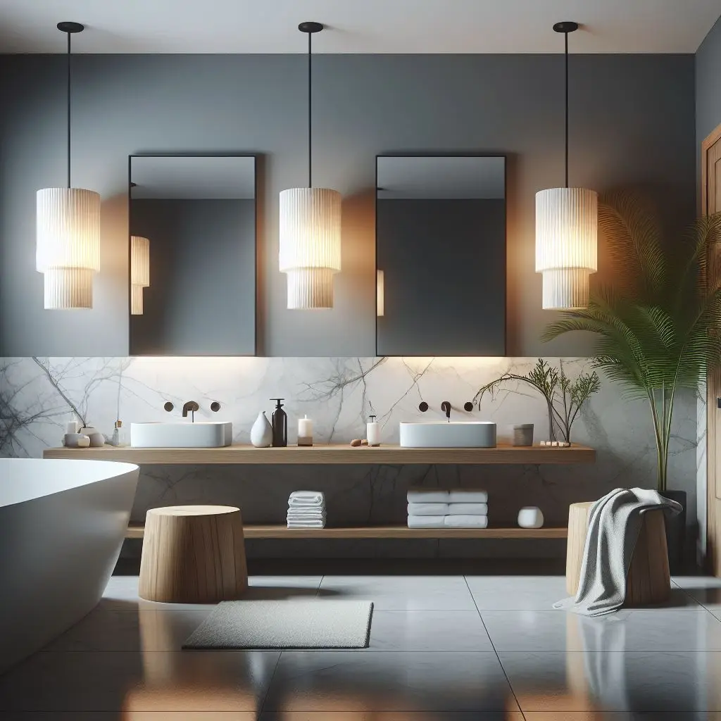 japandi bathroom with Minimalist Sconces with Rice Paper Shades 