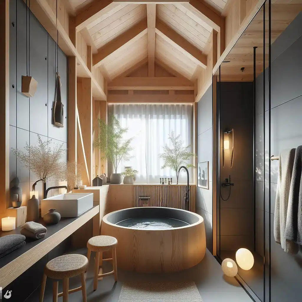 japandi bathroom with Nordic Onsen-Inspired Tub Enclosure 