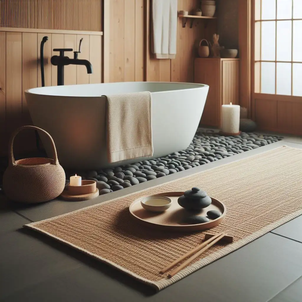 japandi bathroom with bathroom mat with small, flat stones 