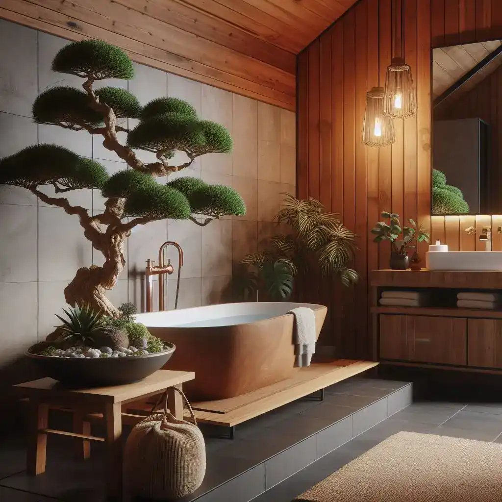 japandi bathroom with bonsai tree display 