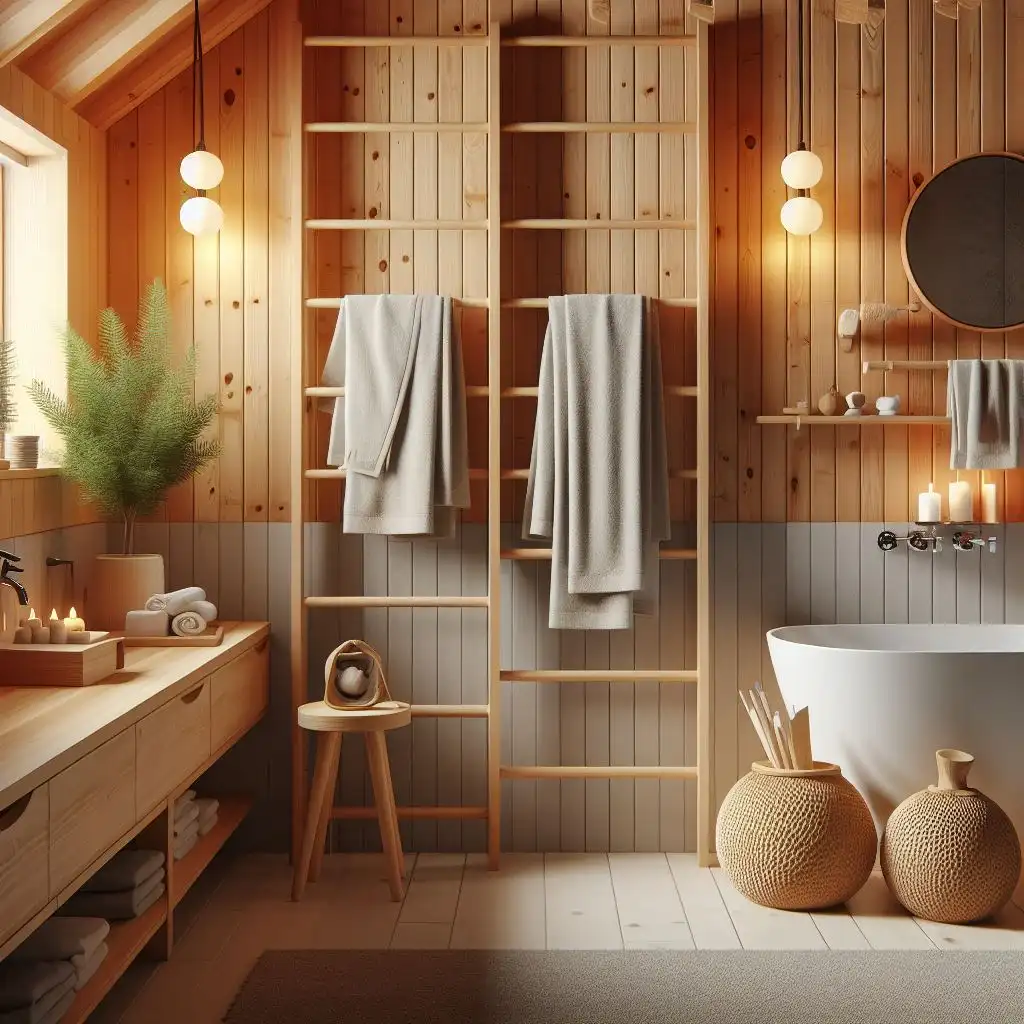 japandi bathroom with cedar wood ladder towel rack 