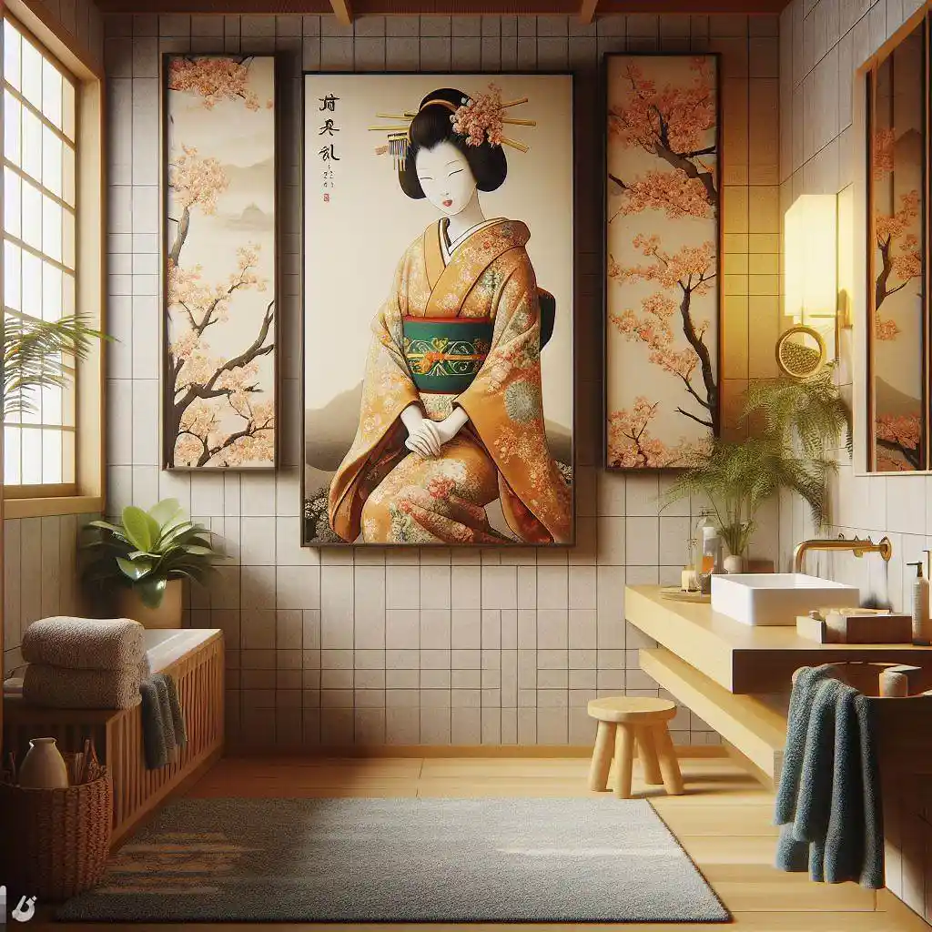 japandi bathroom with framed kimono display 