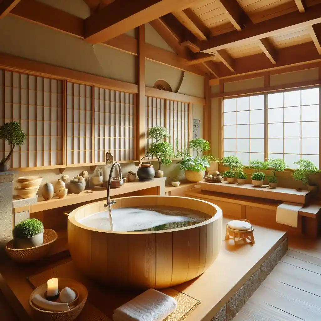 japandi bathroom with furo-style soaking tub 