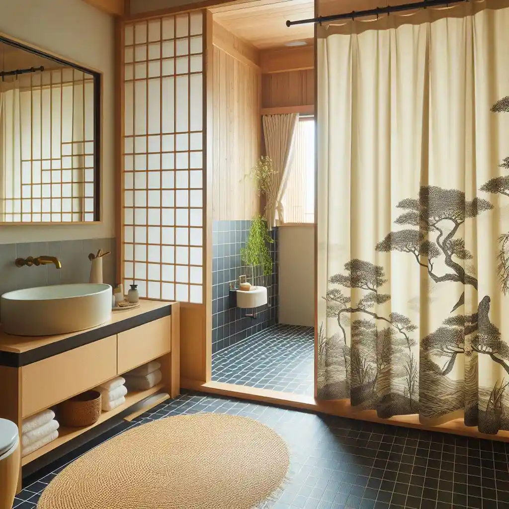  japandi bathroom with futon fabric curtain