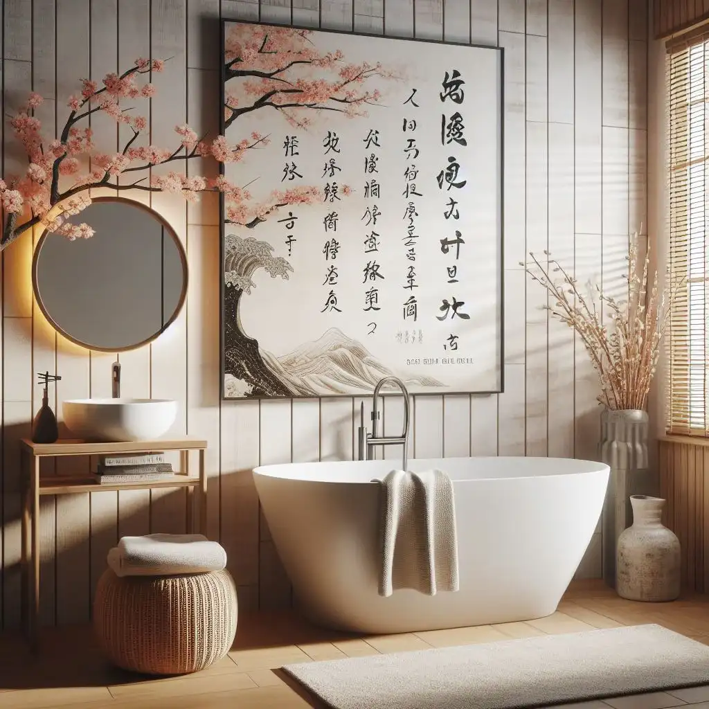 japandi bathroom with haiku poetry wall art 