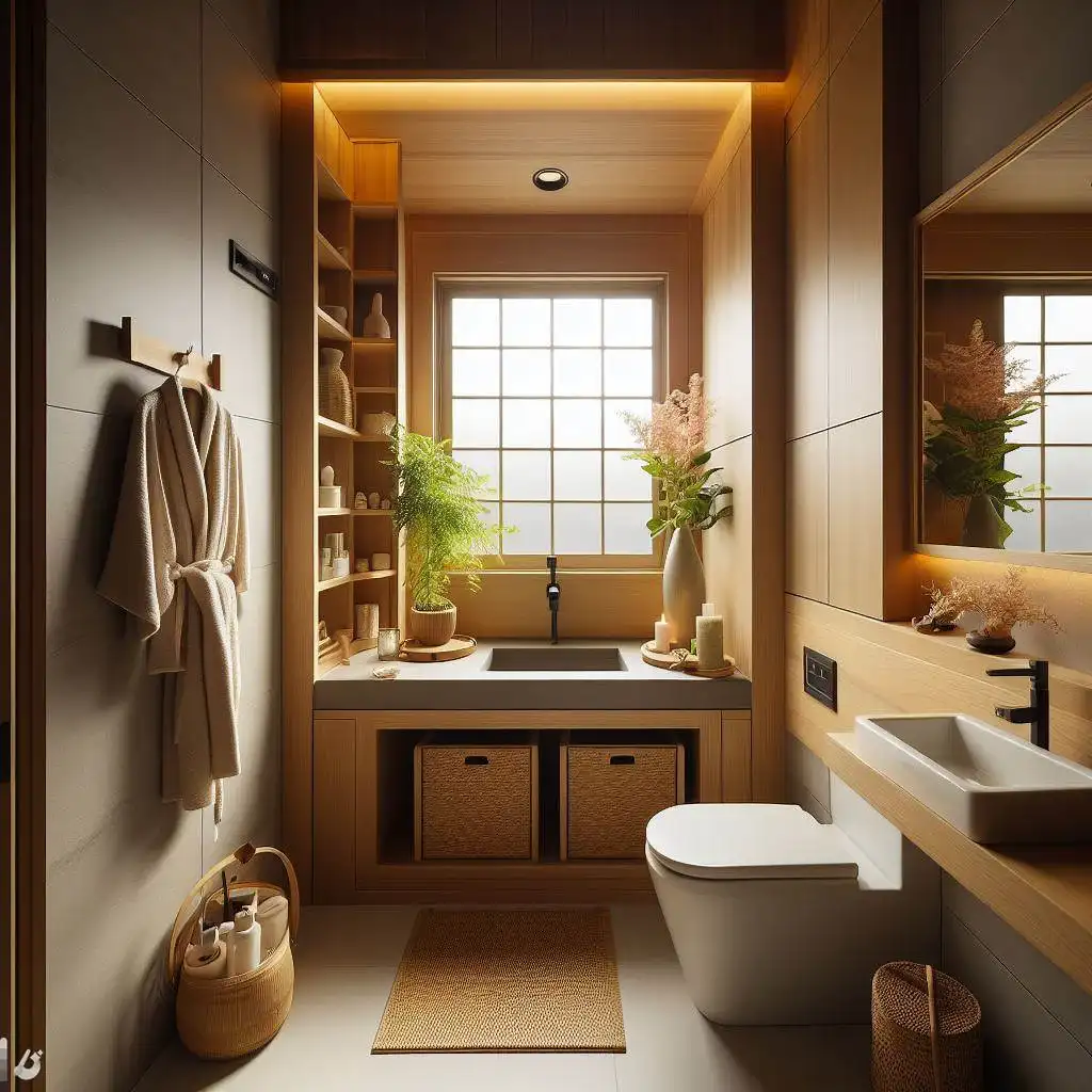 japandi bathroom with hidden storage nook 