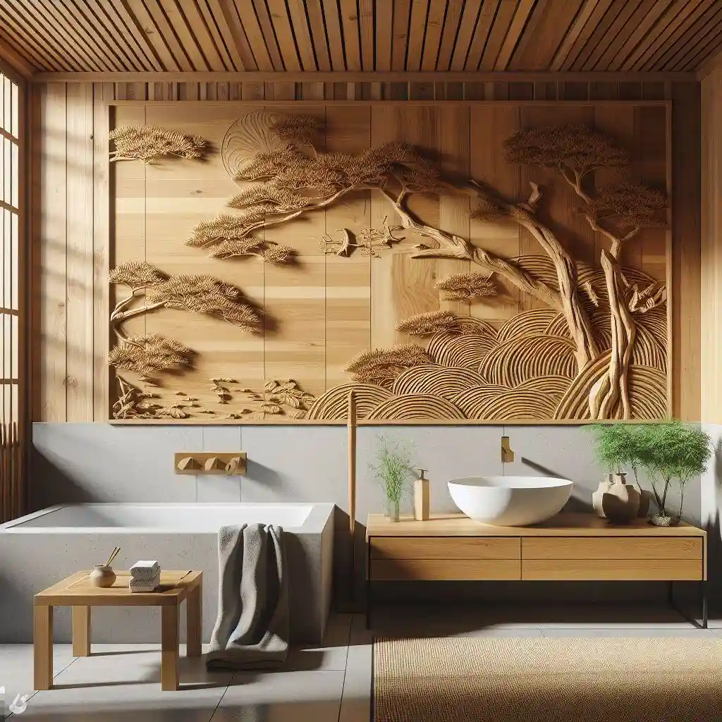 japandi bathroom with hinoki wood wall art 