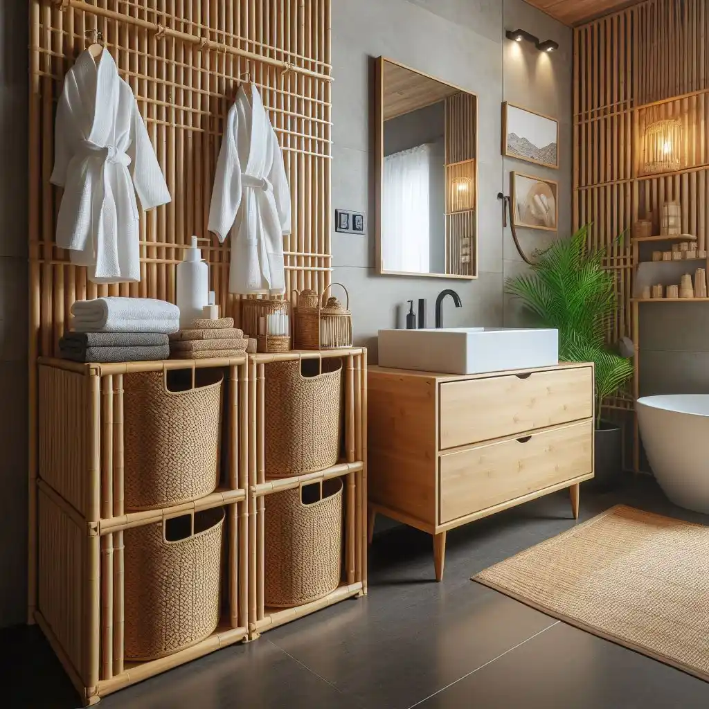 japandi bathroom with integrated bamboo hamper 