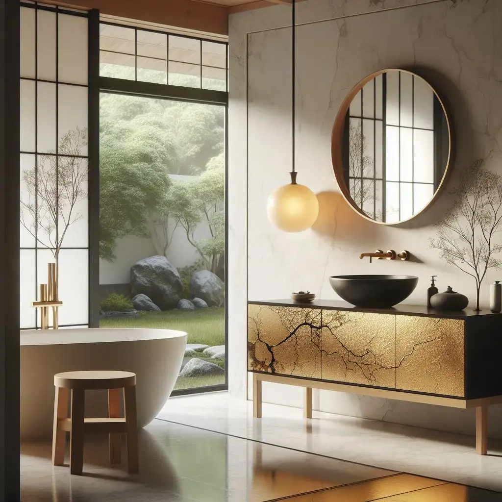 japandi bathroom with kintsugi-inspired vanity 