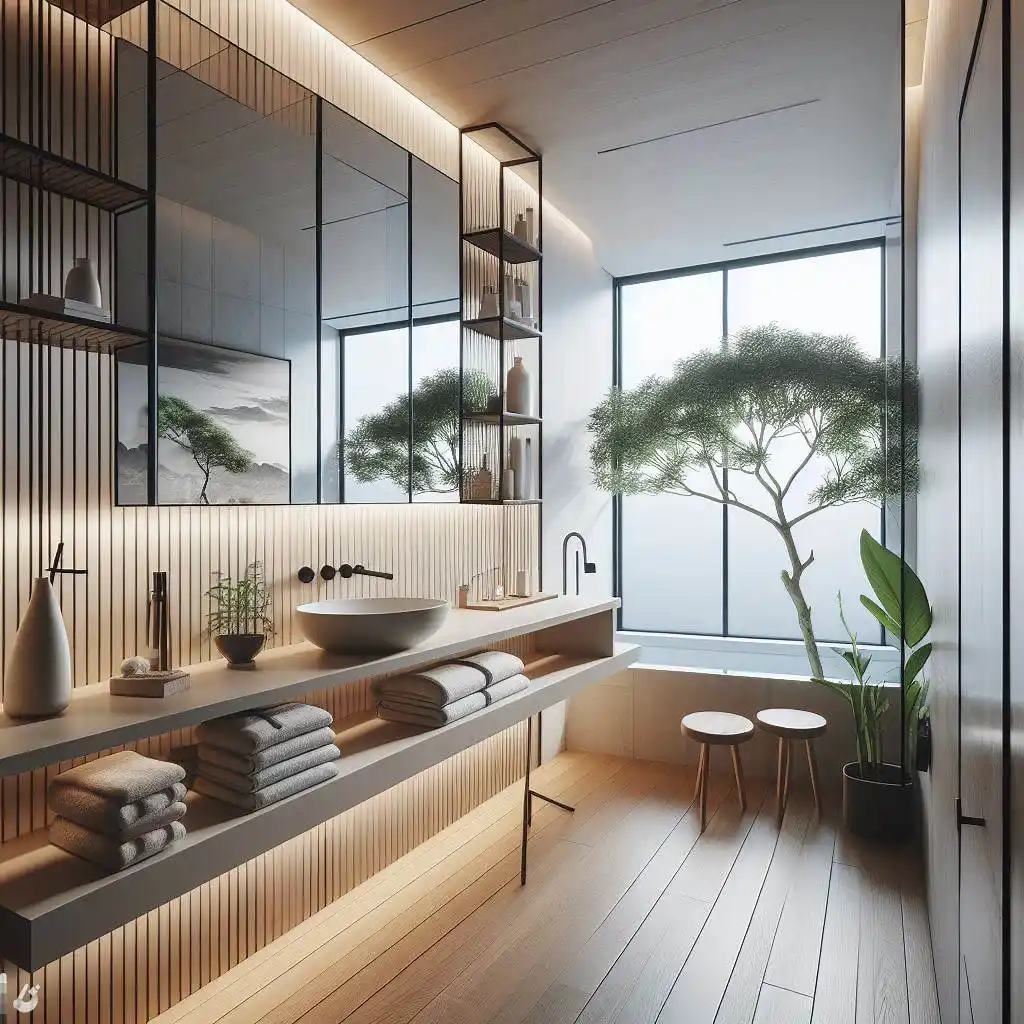 japandi bathroom with linear glass shelves 