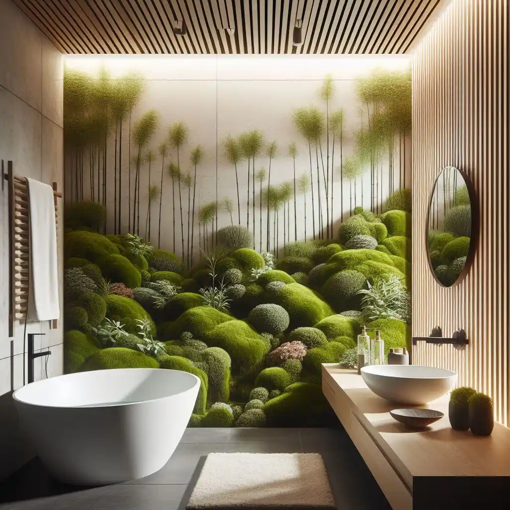 japandi bathroom with linear moss wall art 