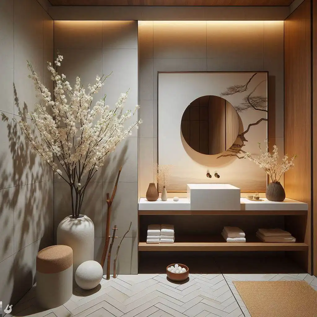 japandi bathroom with minimalist ikebana display 