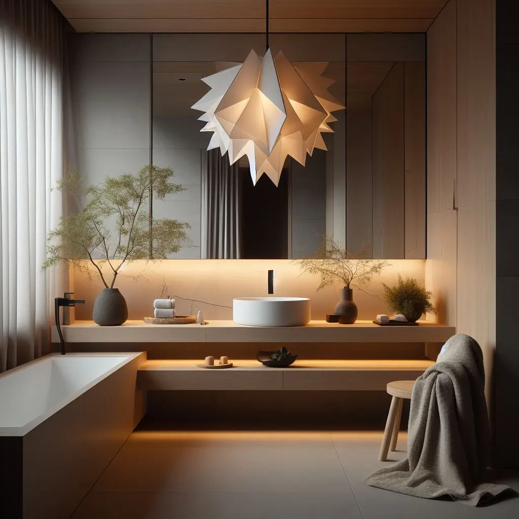 japandi bathroom with minimalist origami light fixture 