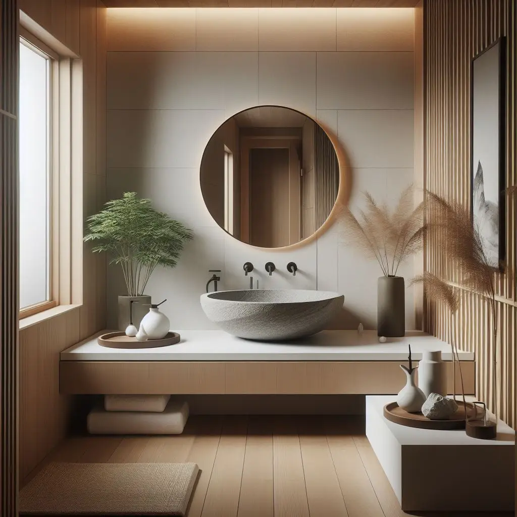 japandi bathroom with minimalist rock basin 