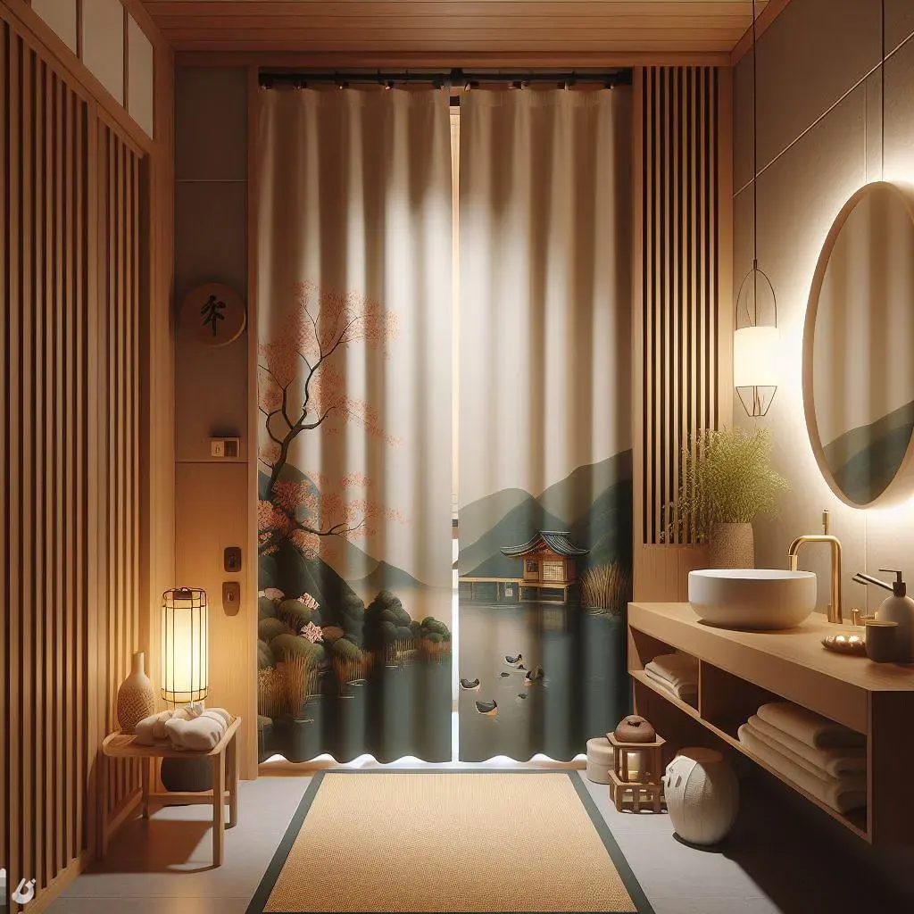 japandi bathroom with noren doorway curtain 