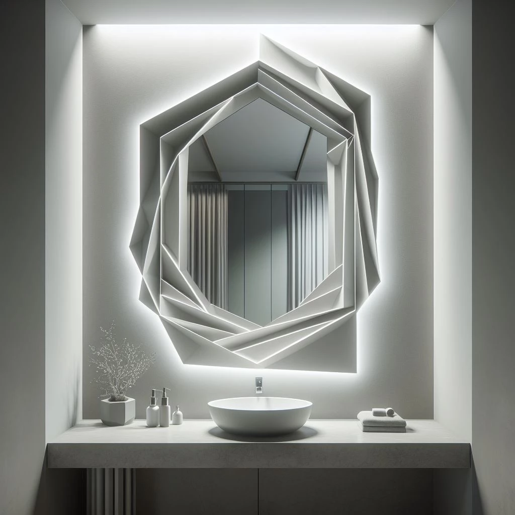 japandi bathroom with origami-style framed mirror