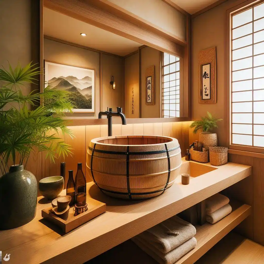 japandi bathroom with sake barrel sink as vanity 