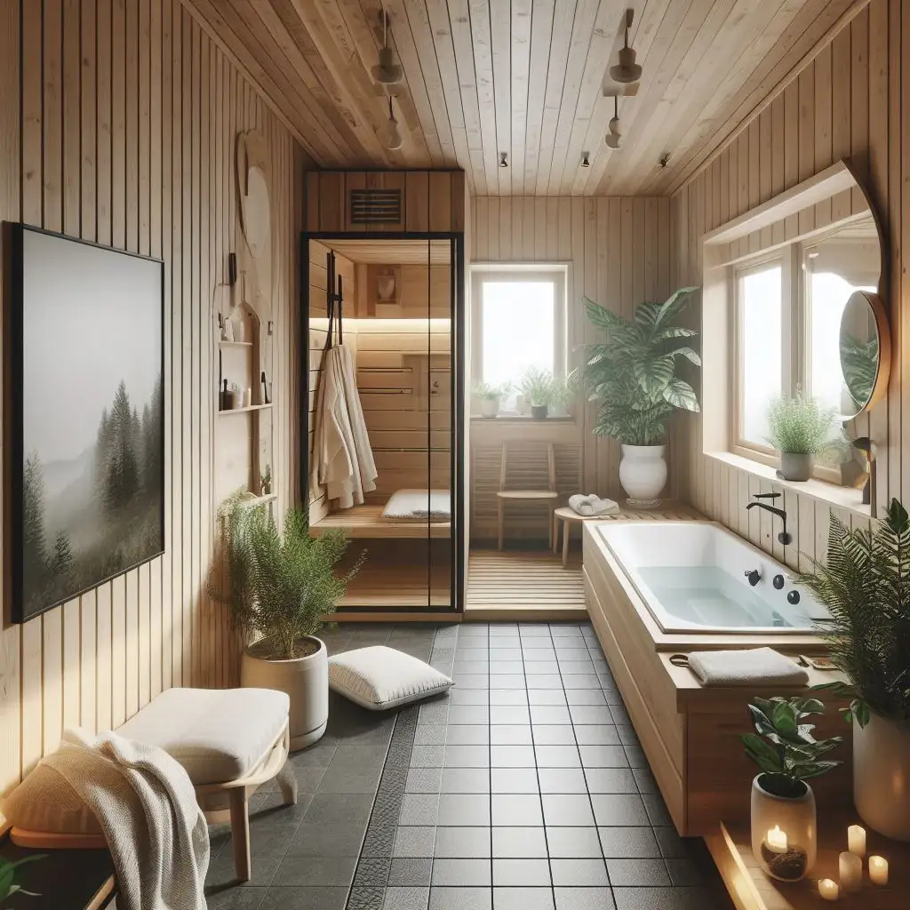 japandi bathroom with scandinavian spa sauna 