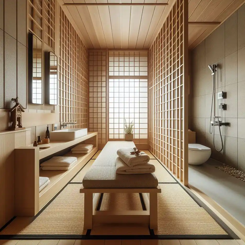 japandi bathroom with tatami mats dual-purpose bench 