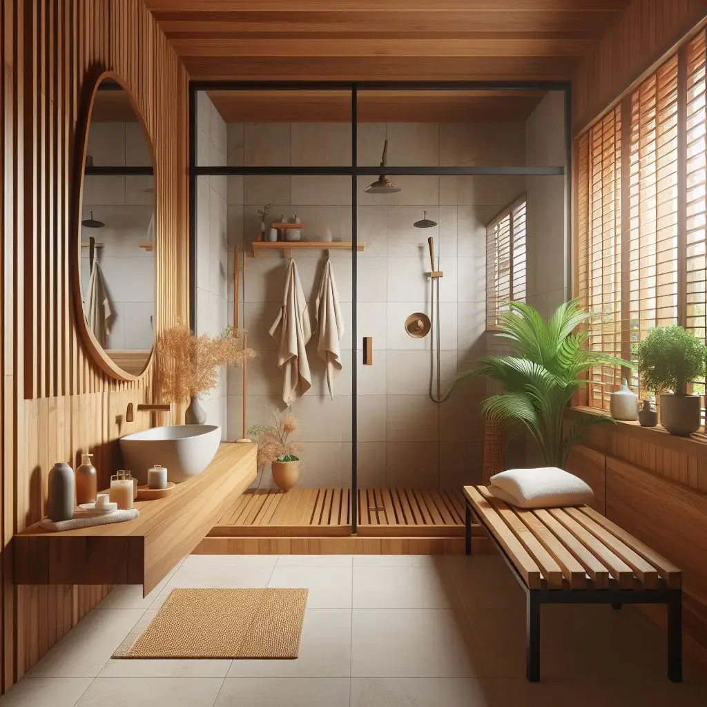 japandi bathroom with teak shower bench