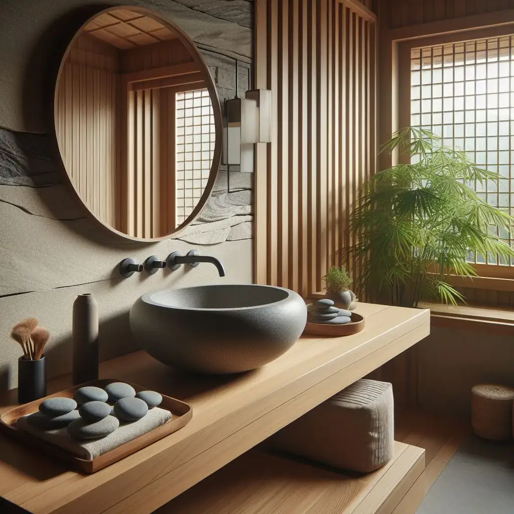japandi bathroom with vessel sink crafted from smooth river stones 