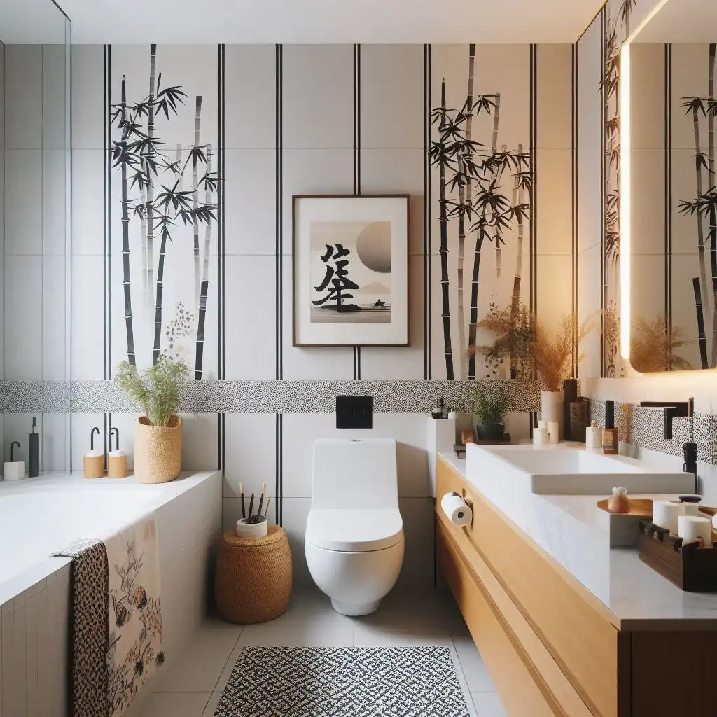 japandi bathroom with washi tape accent 