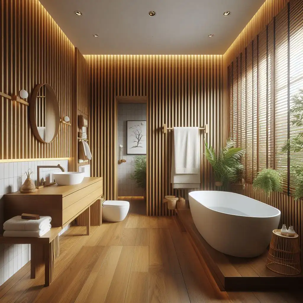 japandi bathroom with wooden slat feature wall 
