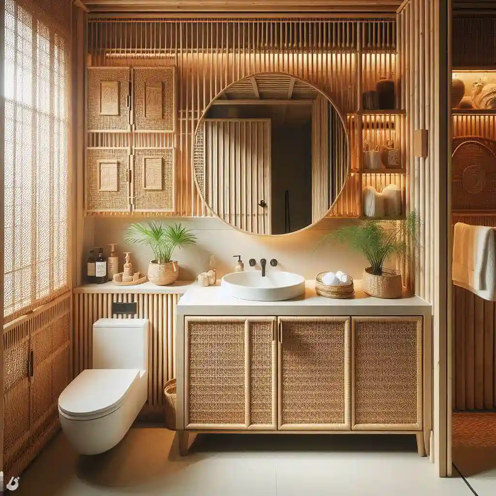 japandi bathroom with woven reed cabinet door.