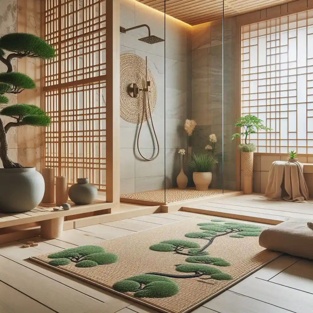 japandi bathroom with zen garden shower mat near the shower area 