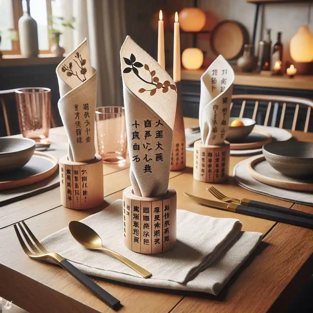 japandi dining room with Craft napkin rings with engraved Japanese poetry or Scandinavian sayings