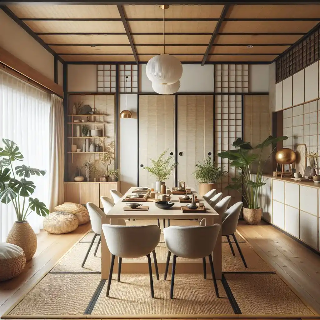 japandi dining room with Tatami mats as wall paneling and Scandinavian furniture