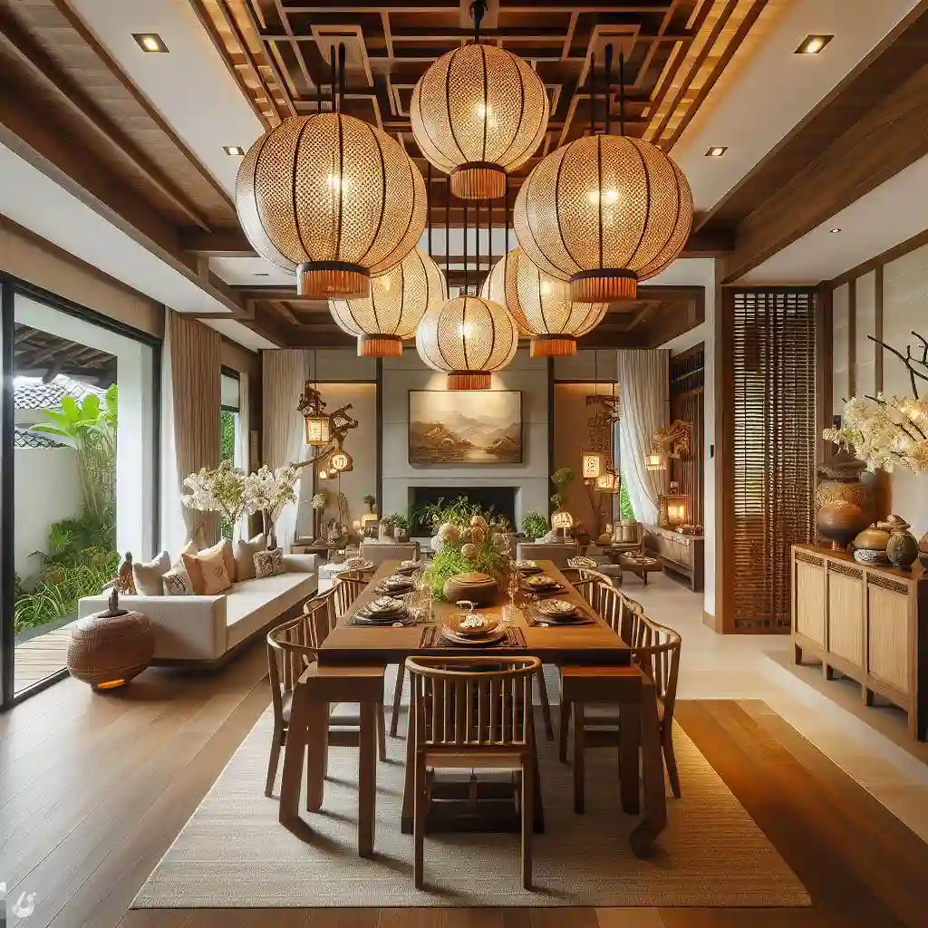 japandi dining room with a chandelier made of teak wood and paper lanterns above the dining table