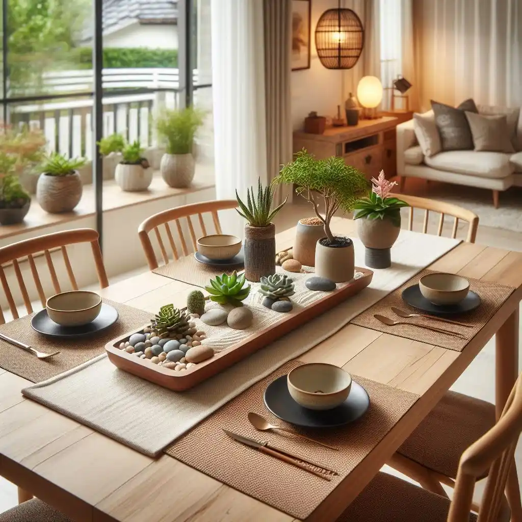 japandi dining room with a miniature zen garden centerpiece incorporating rocks, sand, and small succulents