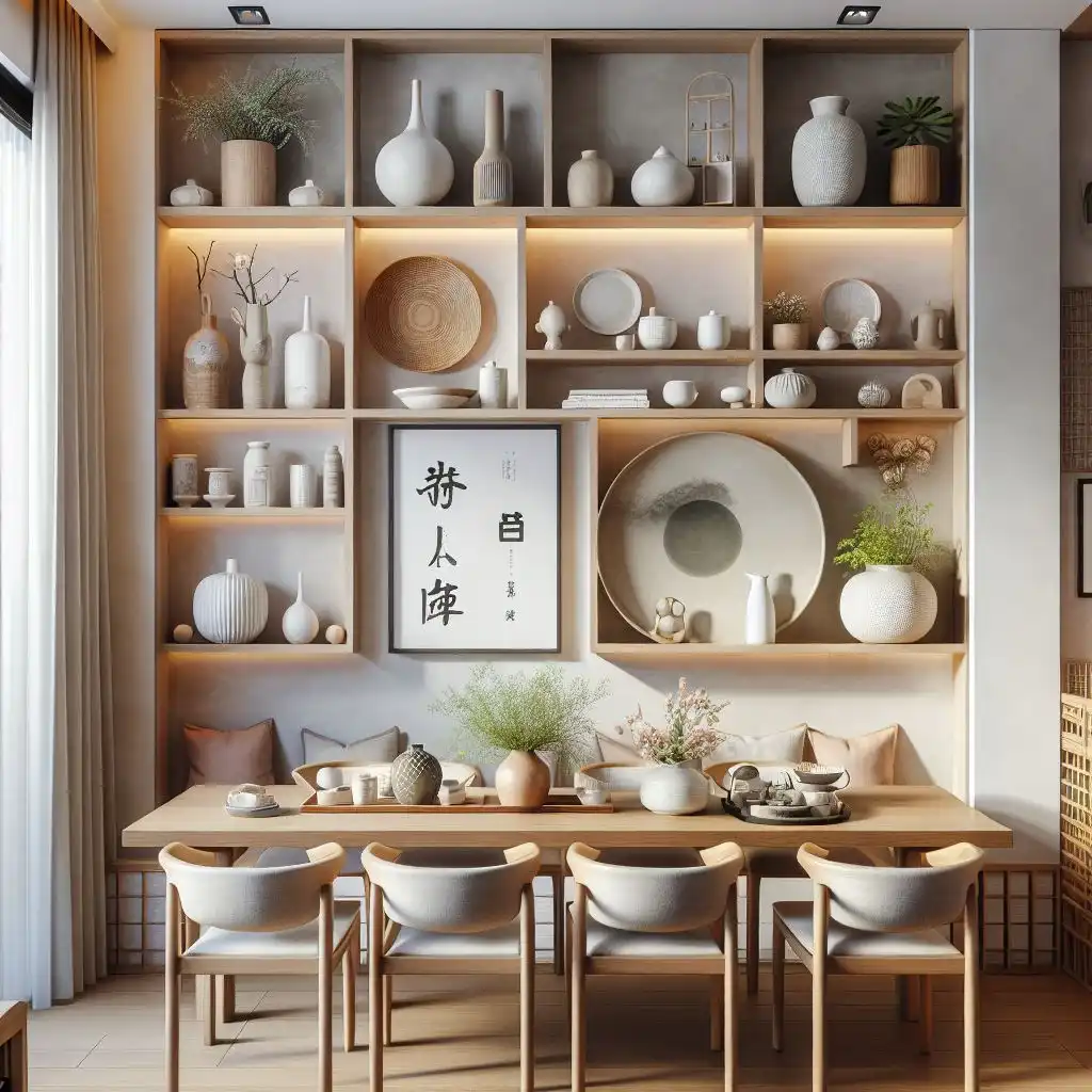 japandi dining room with a wall niche and built-in shelves displaying Japanese and Scandinavian design items