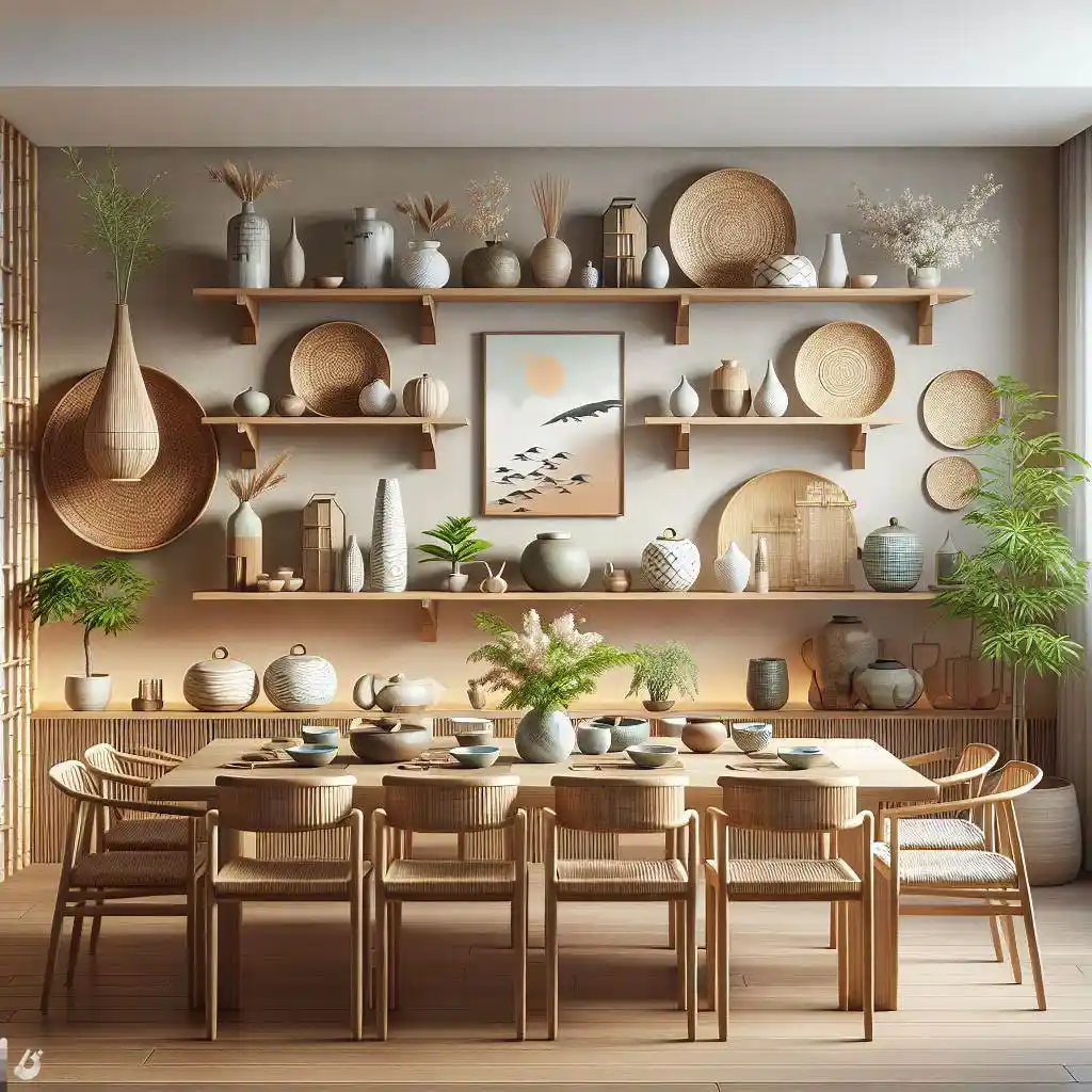 japandi dining room with floating bamboo shelves displaying Japanese and Scandinavian ceramics
