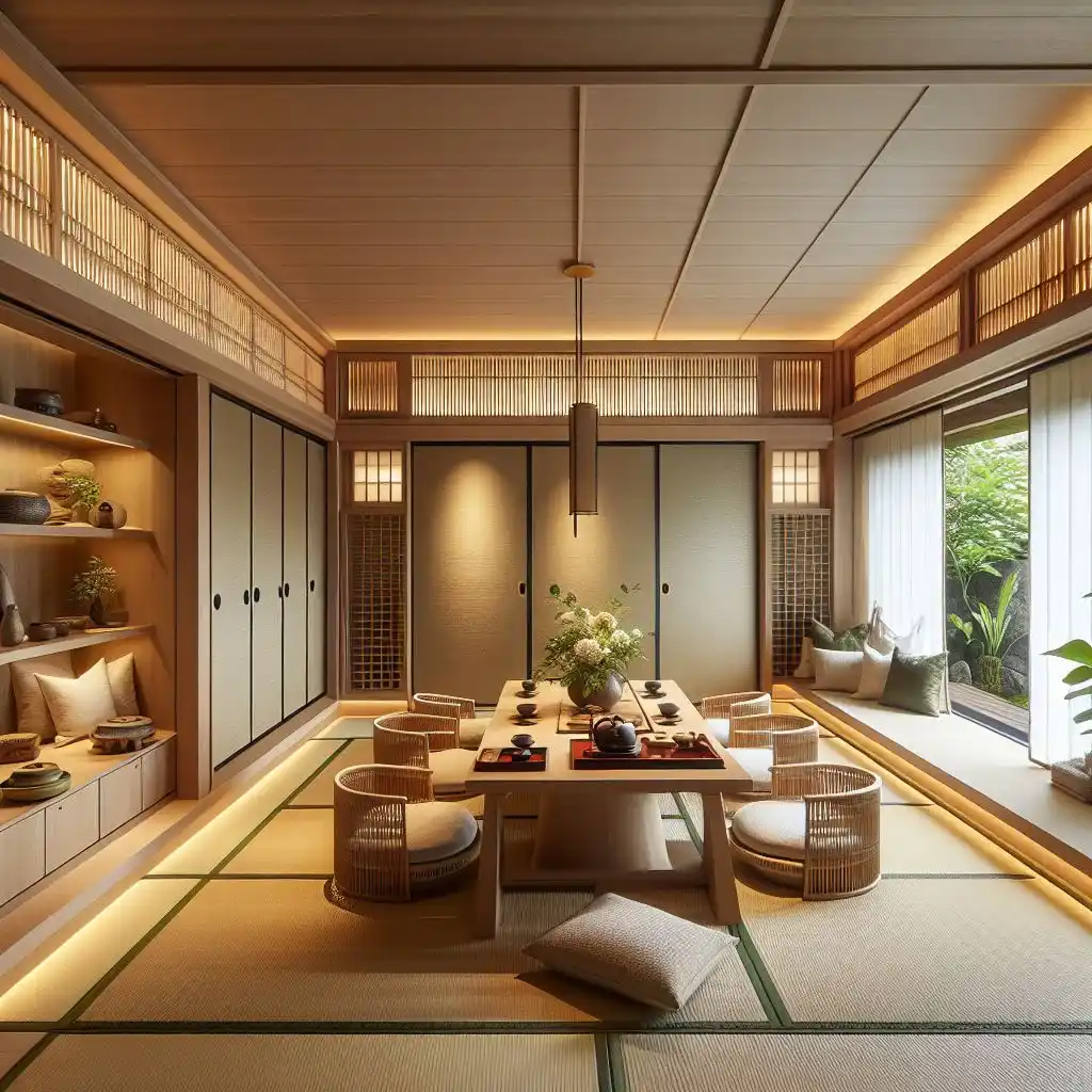 japandi dining room with hidden storage within Tatami flooring