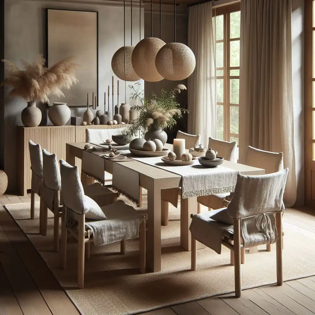 japandi dining room with linen slipcovers on dining chairs in muted tones
