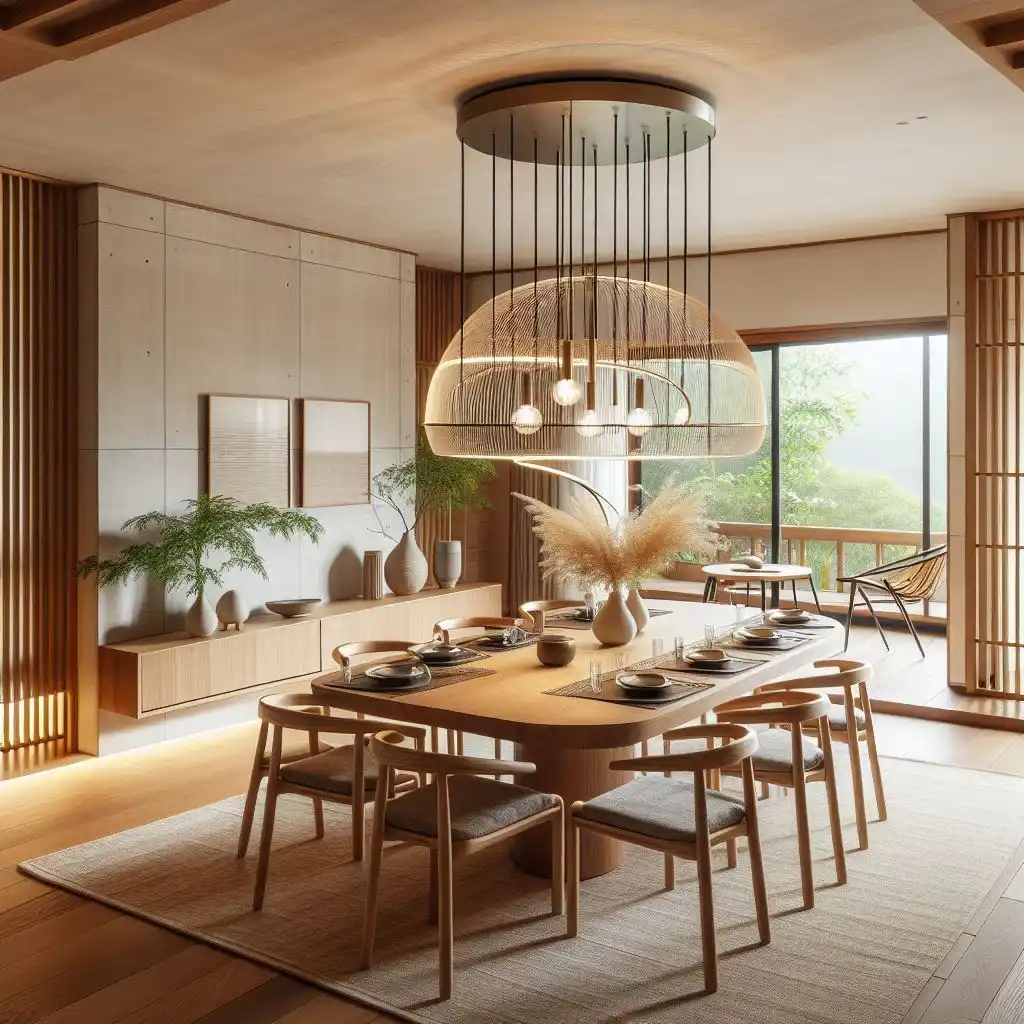 japandi dining room with mobile pendant light