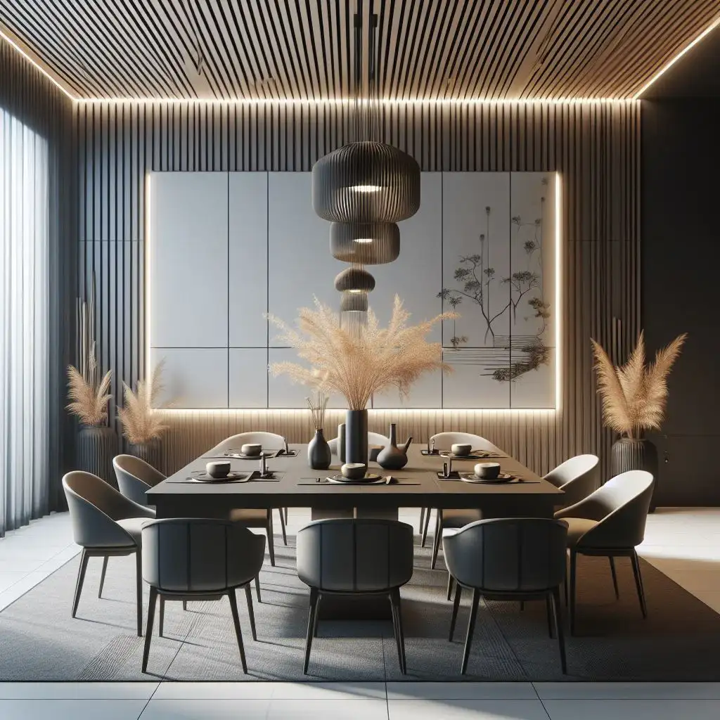 japandi dining room with modern, sleek furniture designs and minimalistic Japanese aesthetics for a futuristic look