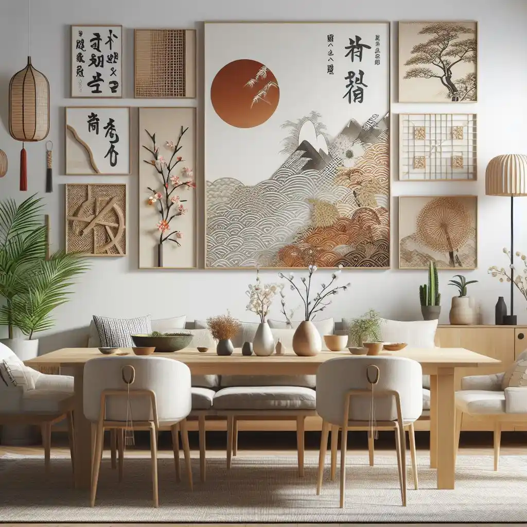 japandi dining room with seasonal wall art 
