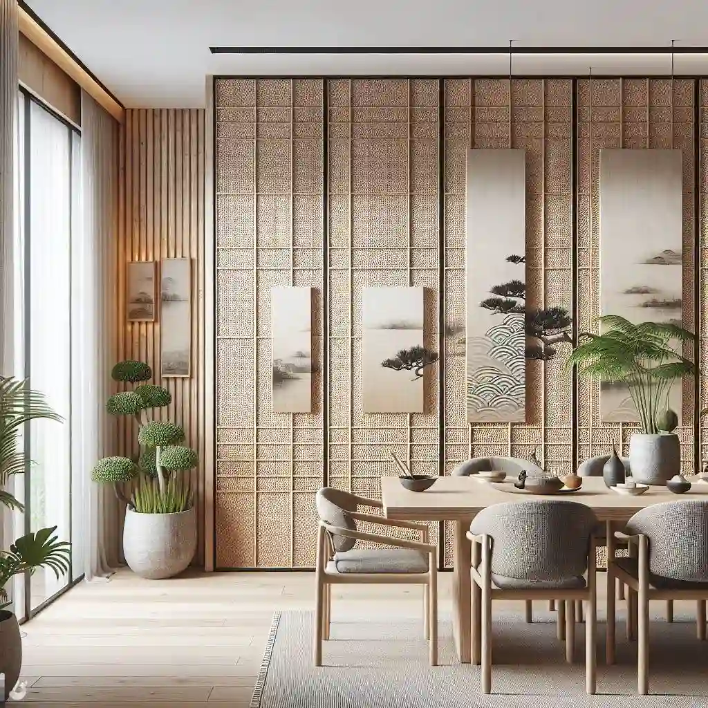 japandi dining room with textured sliding panels inspired by Japanese and Scandinavian cultures