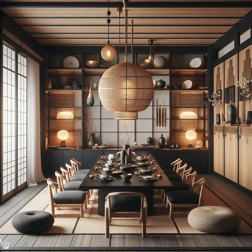 japandi dining room with traditional Japanese floor seating and modern Scandinavian chairs 