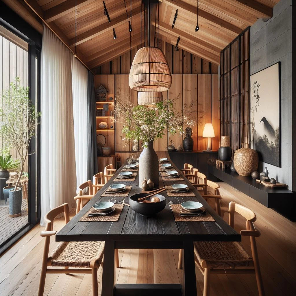 japandi dining room with traditional Japanese materials like shou sugi ban (charred wood) and Scandinavian light woods