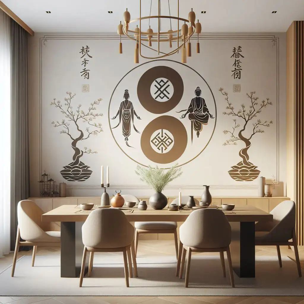 japandi dining room with wall decals representing harmony, balance, and unity