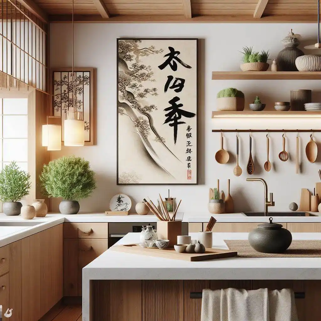 japandi kitchen with Japanese Calligraphy Art