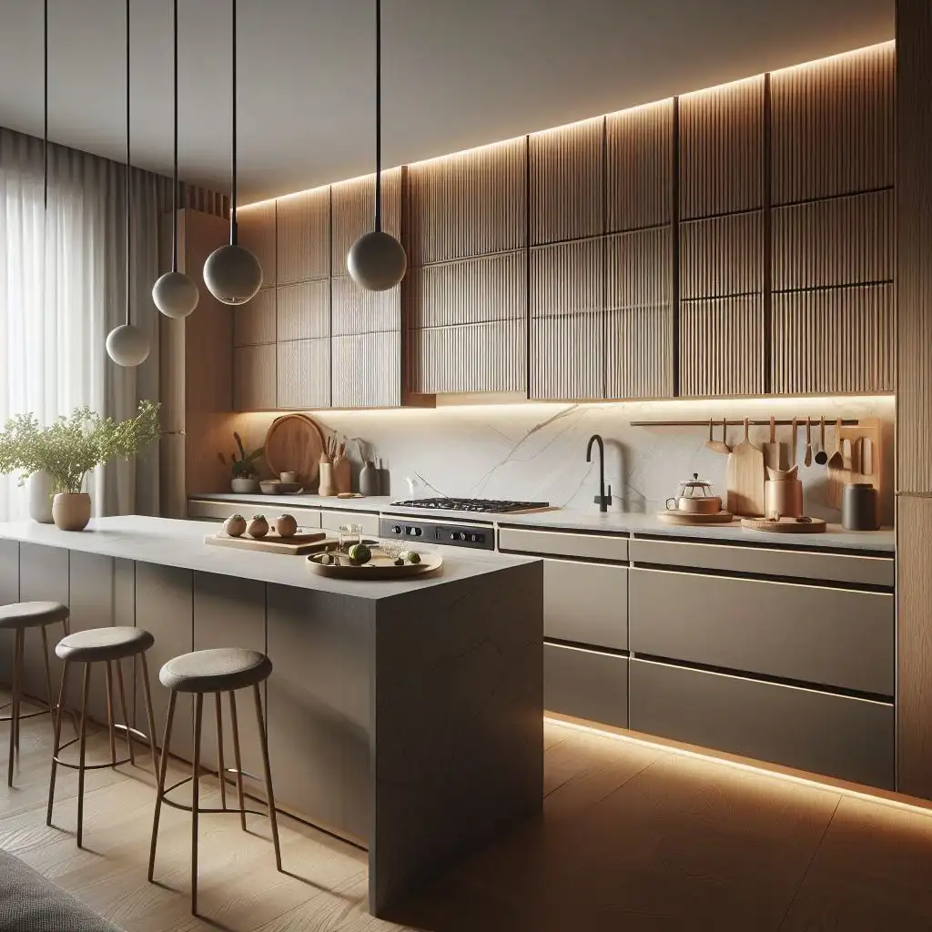 japandi kitchen with Linear And Sleek Cabinet Handles