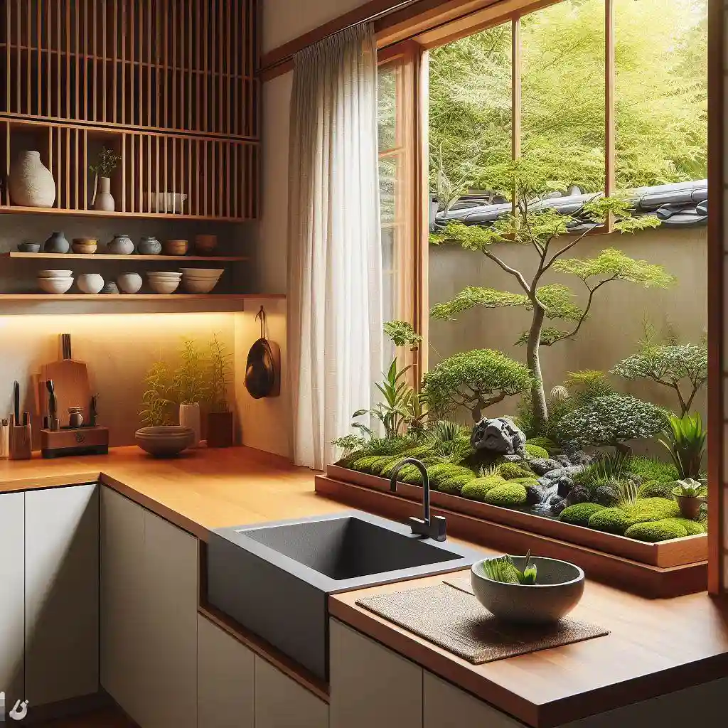 japandi kitchen with Small Indoor Zen Garden By The Kitchen Window