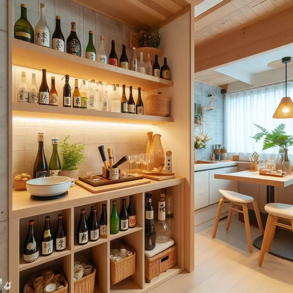 japandi kitchen with Small Sake Bar With A Variety Of Sake Bottles And Glasses
