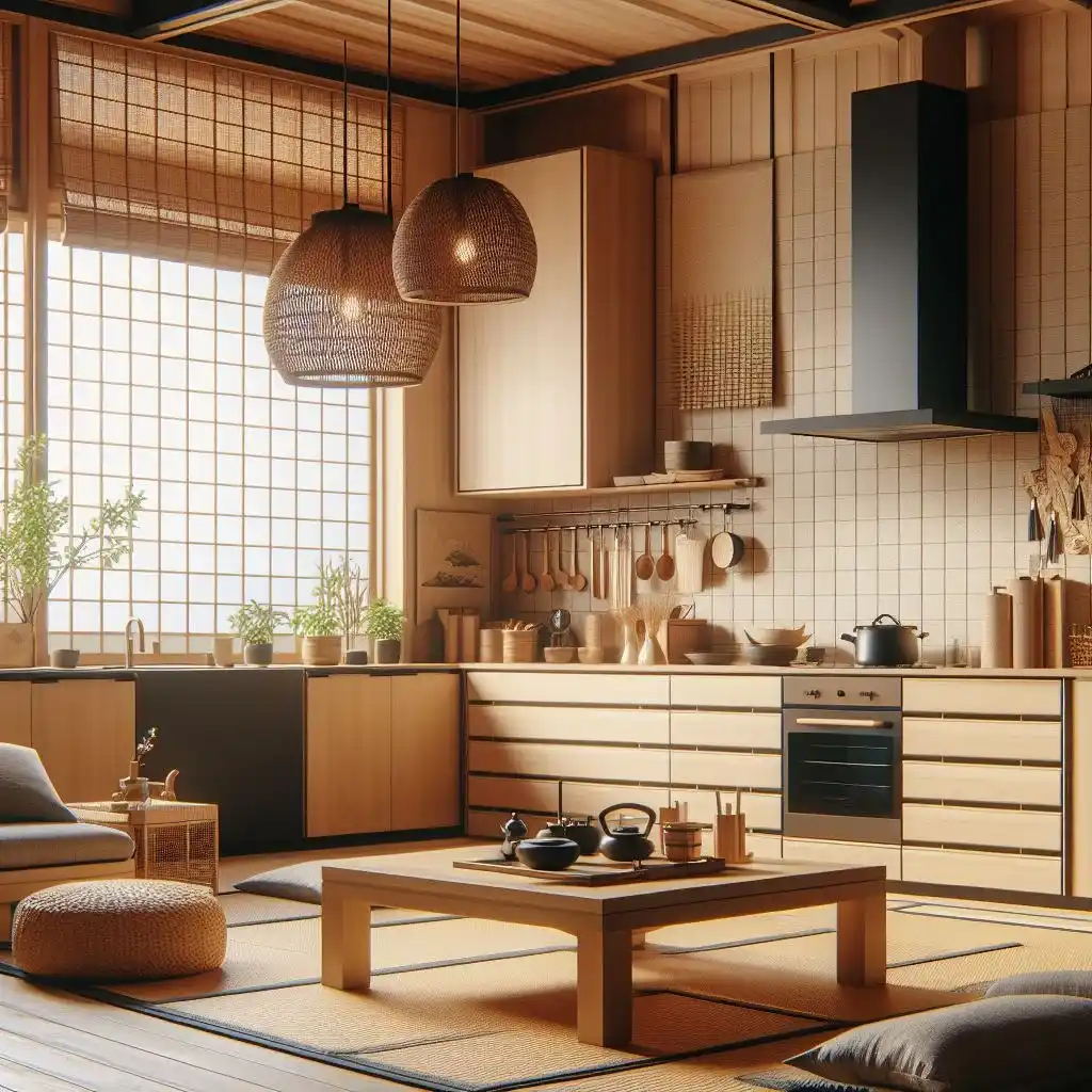 japandi kitchen with Tatami Mat Cushions