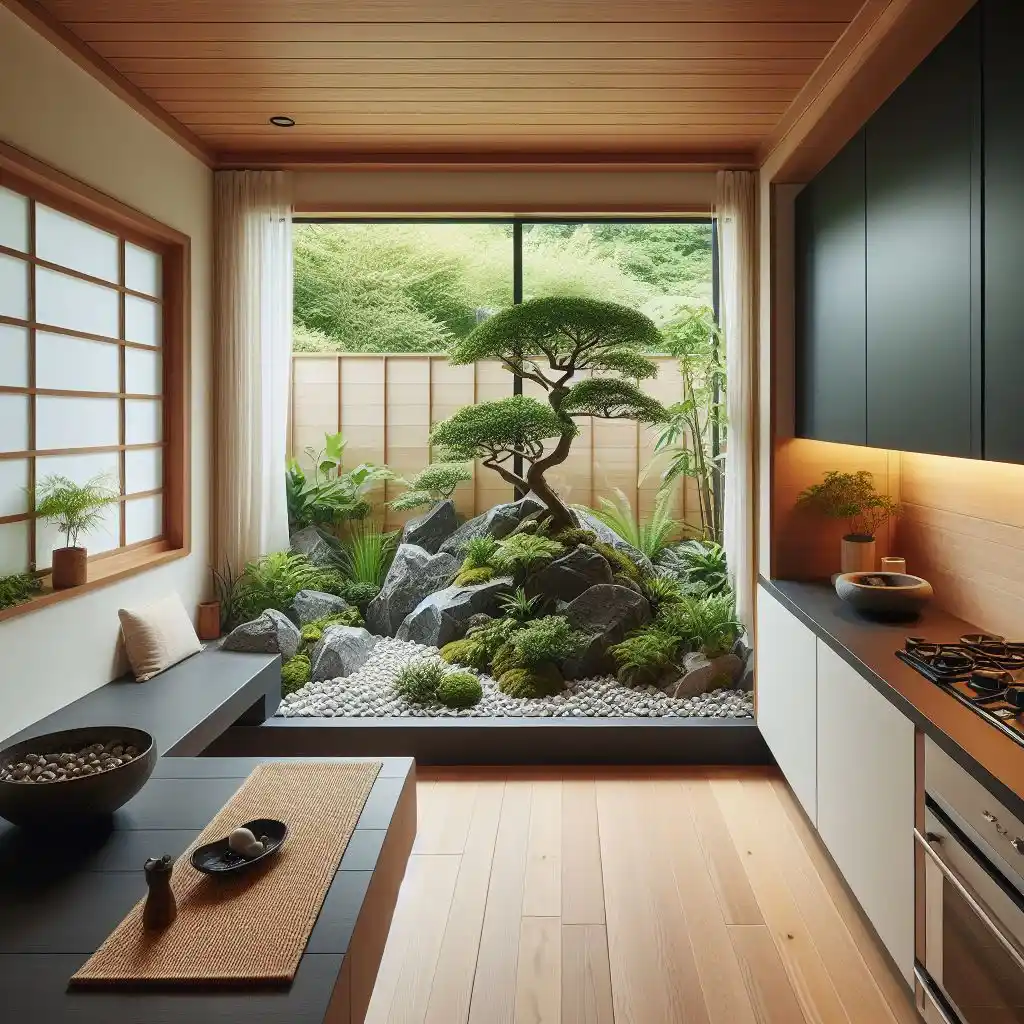 japandi kitchen with a small rock garden near the window